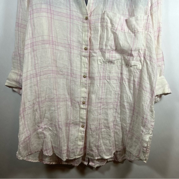 Free People linen button up shirt size L plaid pink - Picture 4 of 13